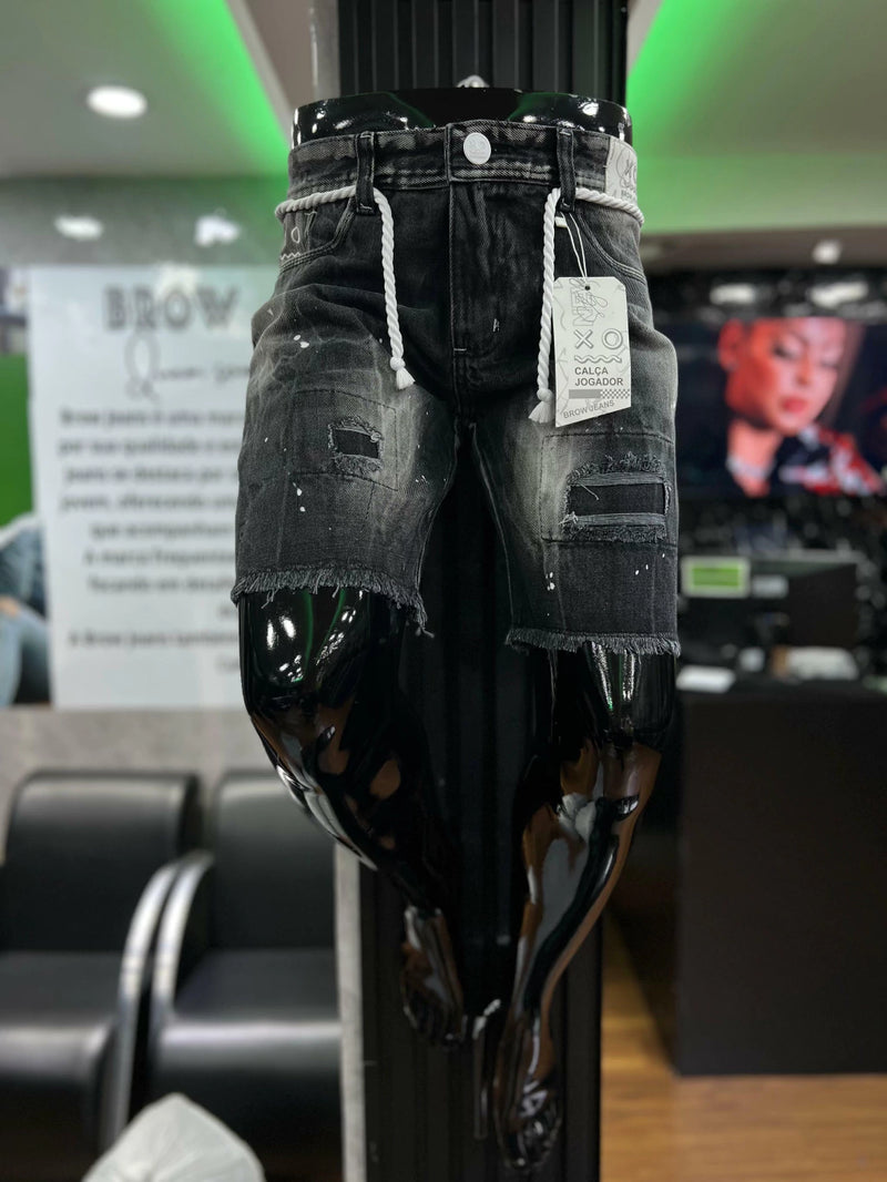 Bermuda Jeans Jogador Cordão Branco